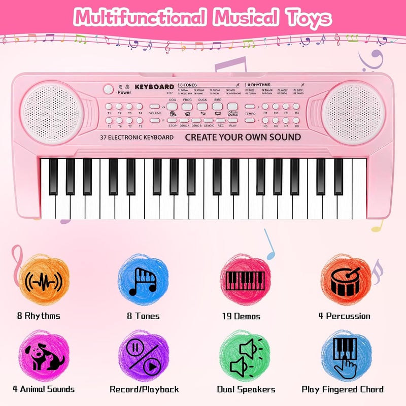 TWFRIC Kids Toddler Toy Piano Keyboard, 37 Key Pink Pianos for Kid Music Toys Instruments with Microphone for 3 4 5 6 7 8 Year Old Girl Boy Birthday/Christmas Day Gift - Image 3